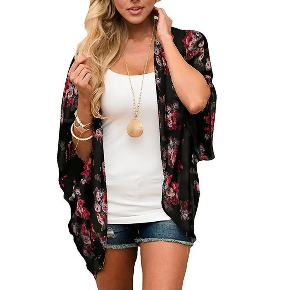 Dames strandshirt bloemenprint korte mouw open steek ademend vest zon anti UV losse dame strand cover-up top