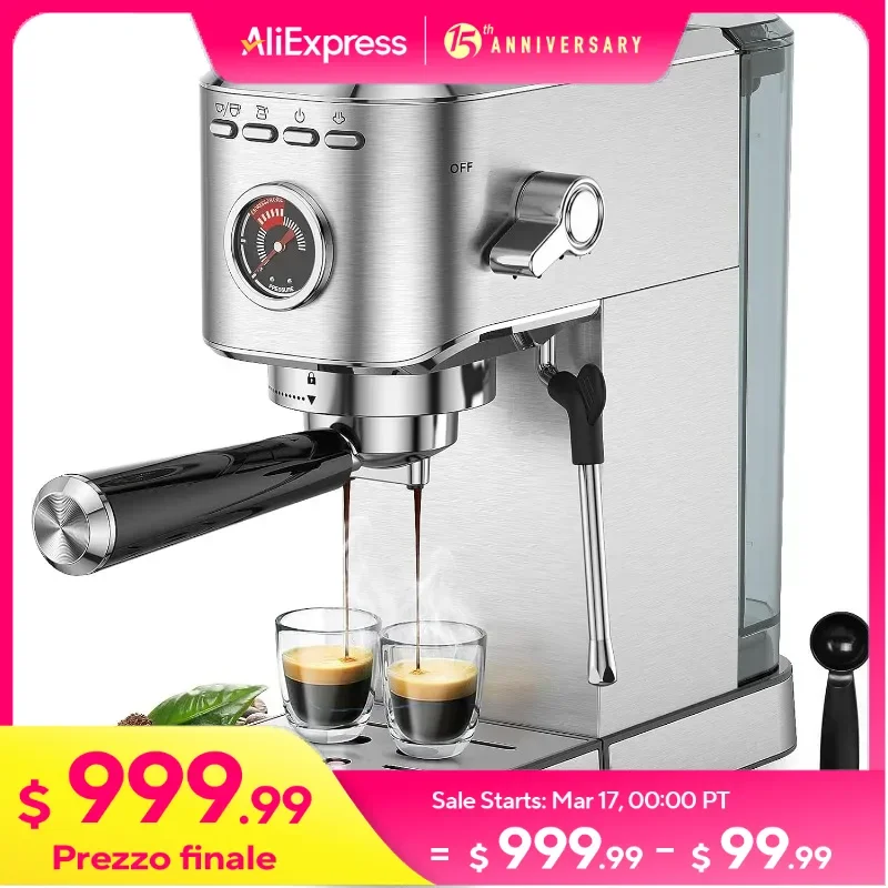 Espressomachine 20 bar, professionele 1350 W espressomachine met melkopschuimer, compacte, verwijderbare watertank van 39 oz, zilver