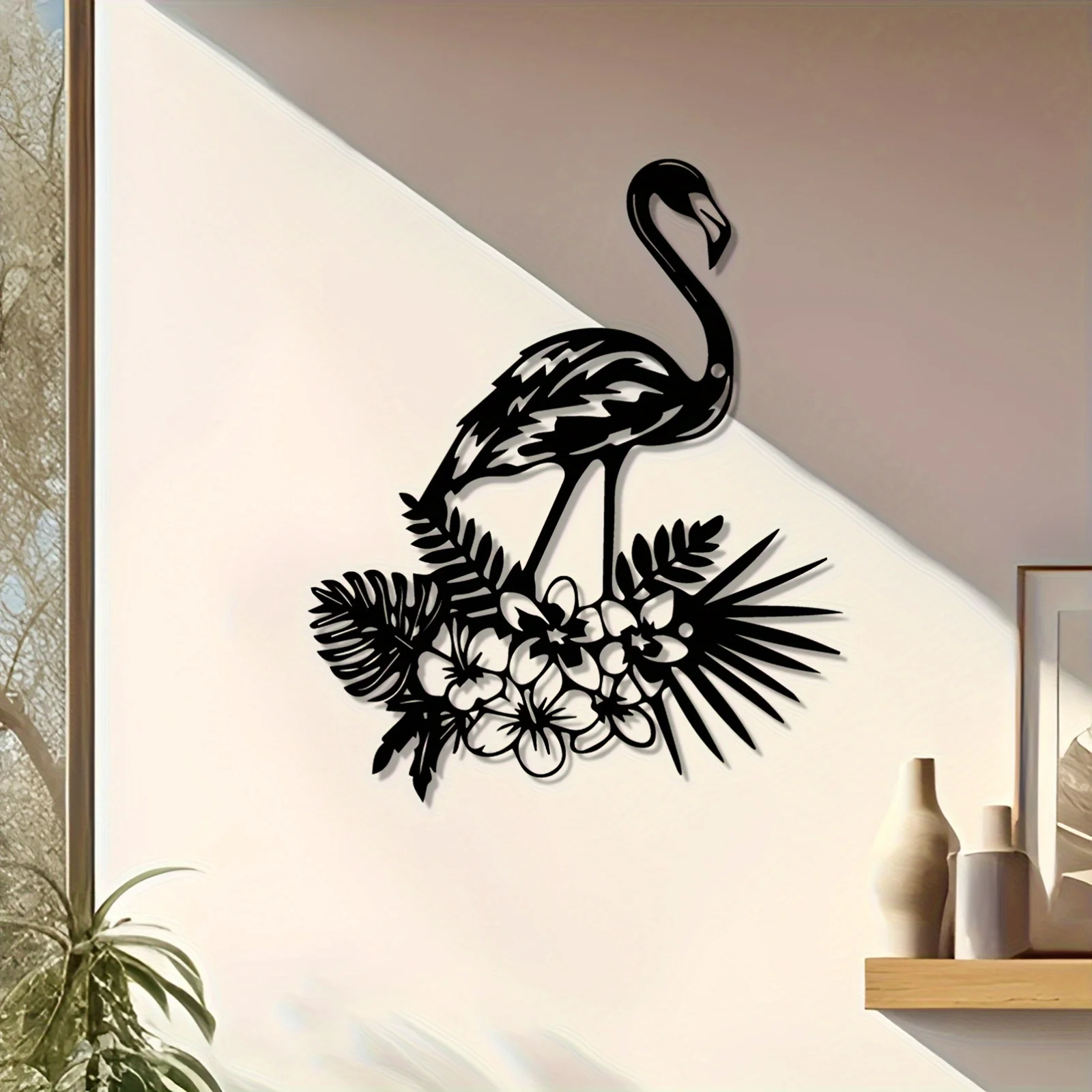 [2D Flat] Vintage Black Flamingo Palm Metal Wall Art, Iron Tropical Decor for Living Room Office