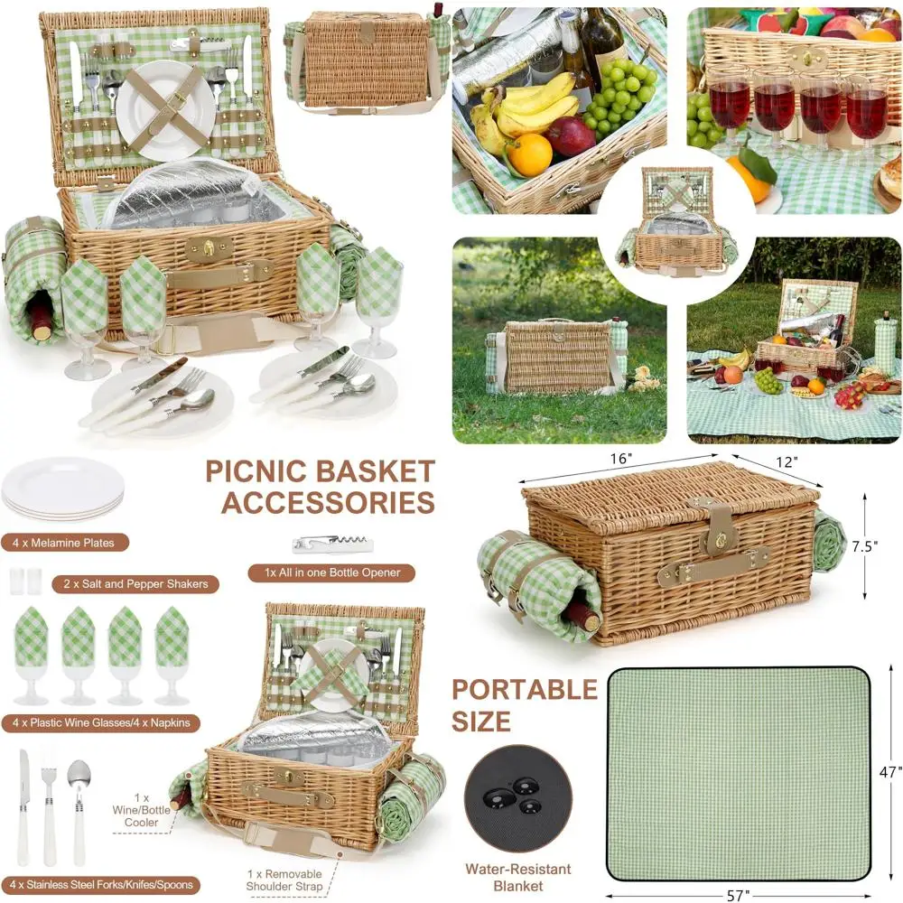 

Изолированная корзина для пикника Willow для четырех человек с плечевым ремнем и водонепроницаемым одеялом