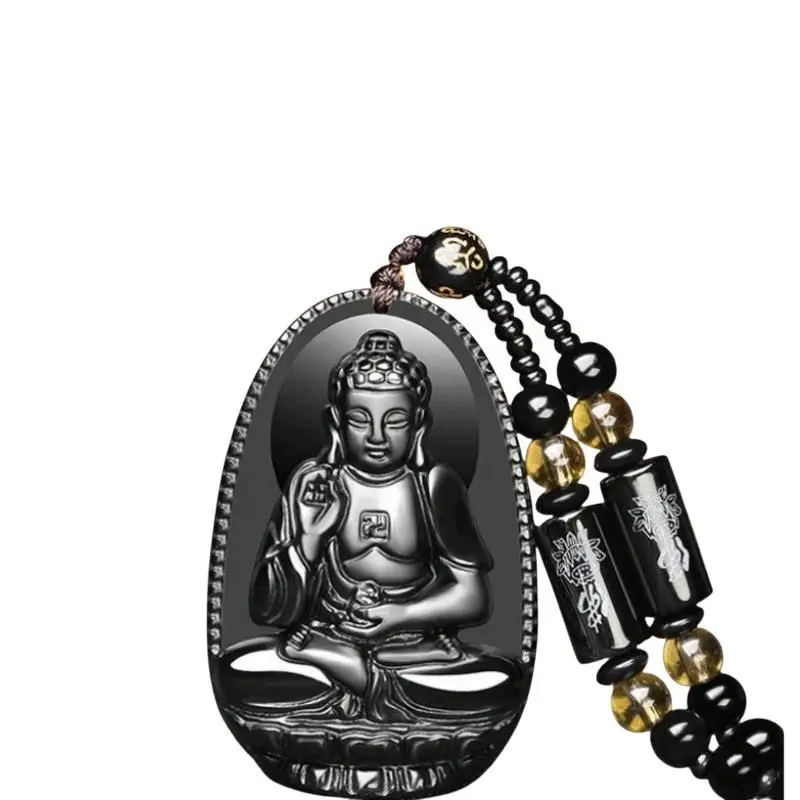 Black Obsidian  Pendant Carved Design Beaded Chain Daily Wear Lucky Gift For Men Women