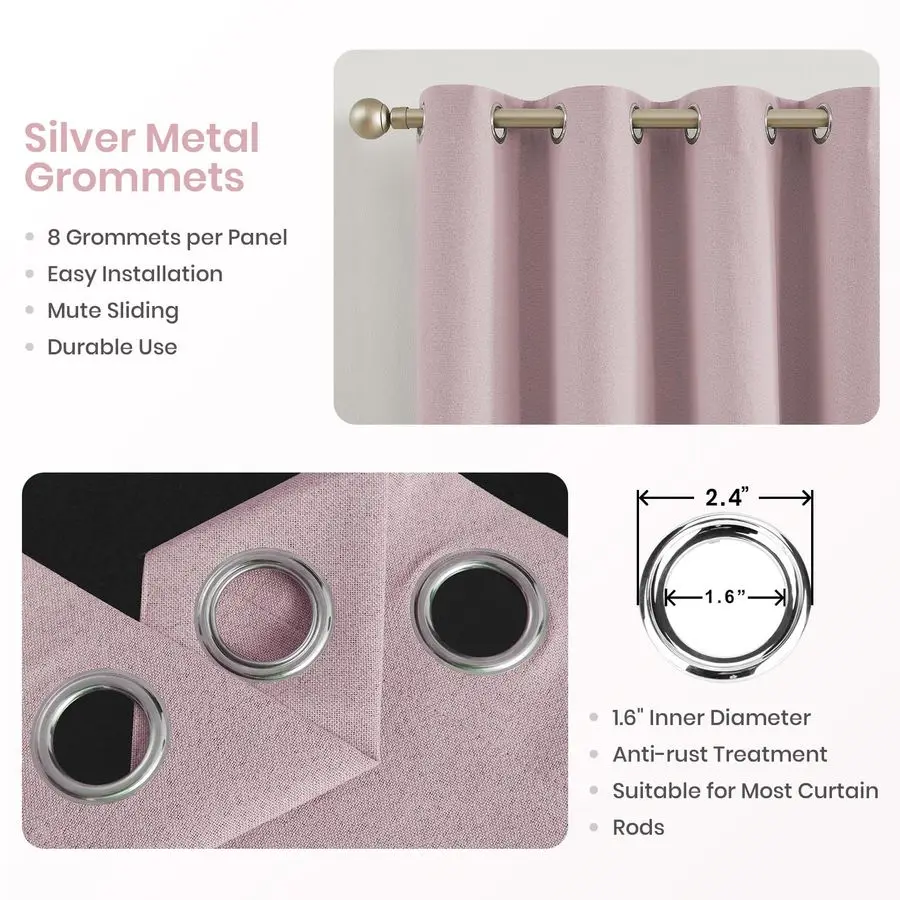 Rideaux occultants 100% lin texturé pour salon, rideaux occultants roses de 84 pouces de long pour chambre de filles, œillets thermiques
