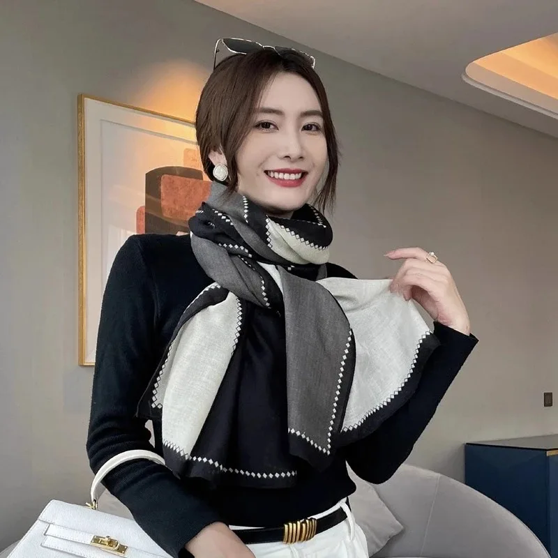 Women’s Winter Thin Cotton‑Linen Scarf, Simple High‑End Beige Black Color‑Matching, Dual‑Purpose Scarf Shawl for Daily Wear