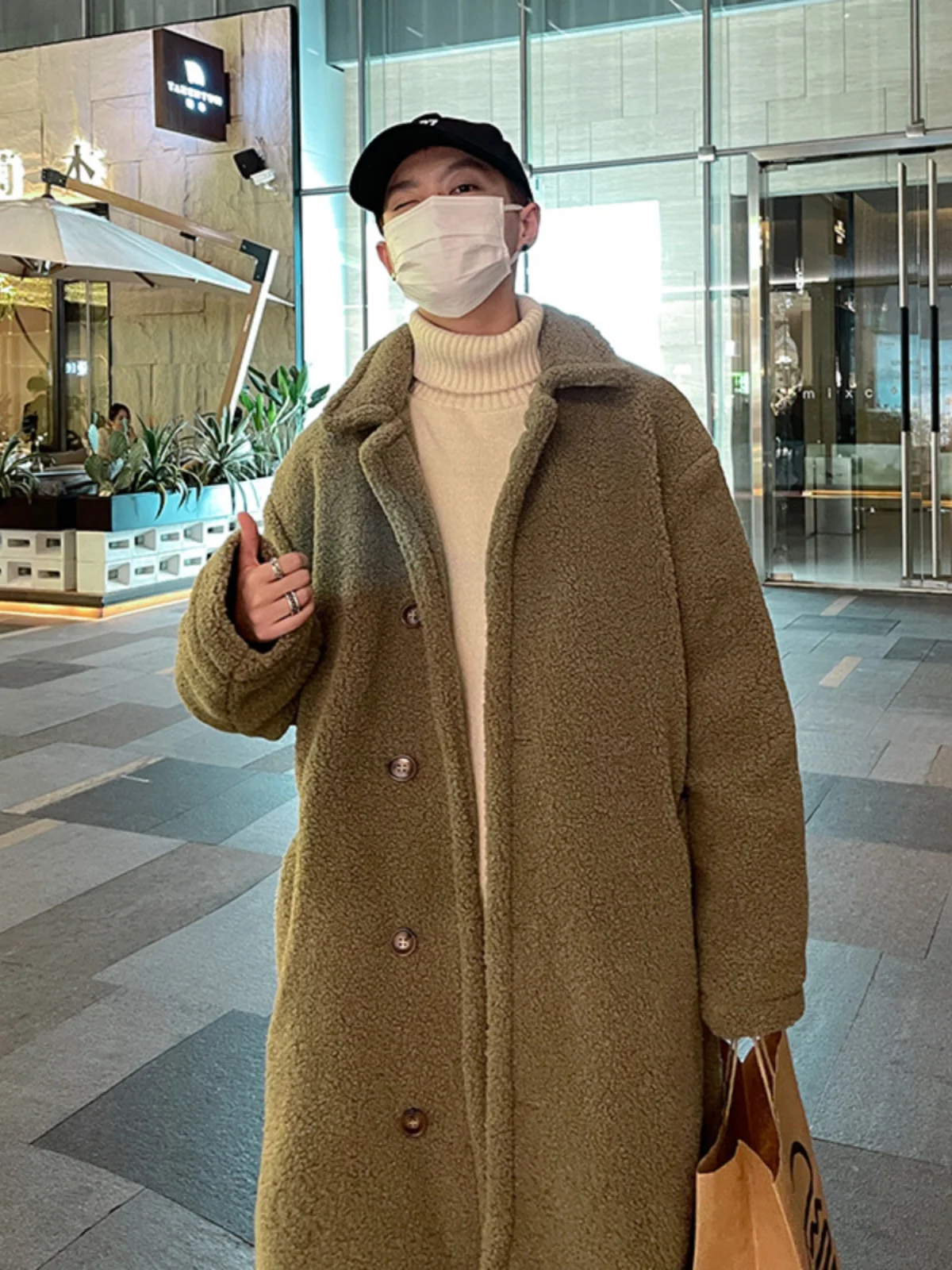 

Зимнее пальто на подкладке из овечьего меха, мужское пальто средней длины, теплая хлопковая одежда Sli, молодежная модная повседневная одежда на одной пуговице