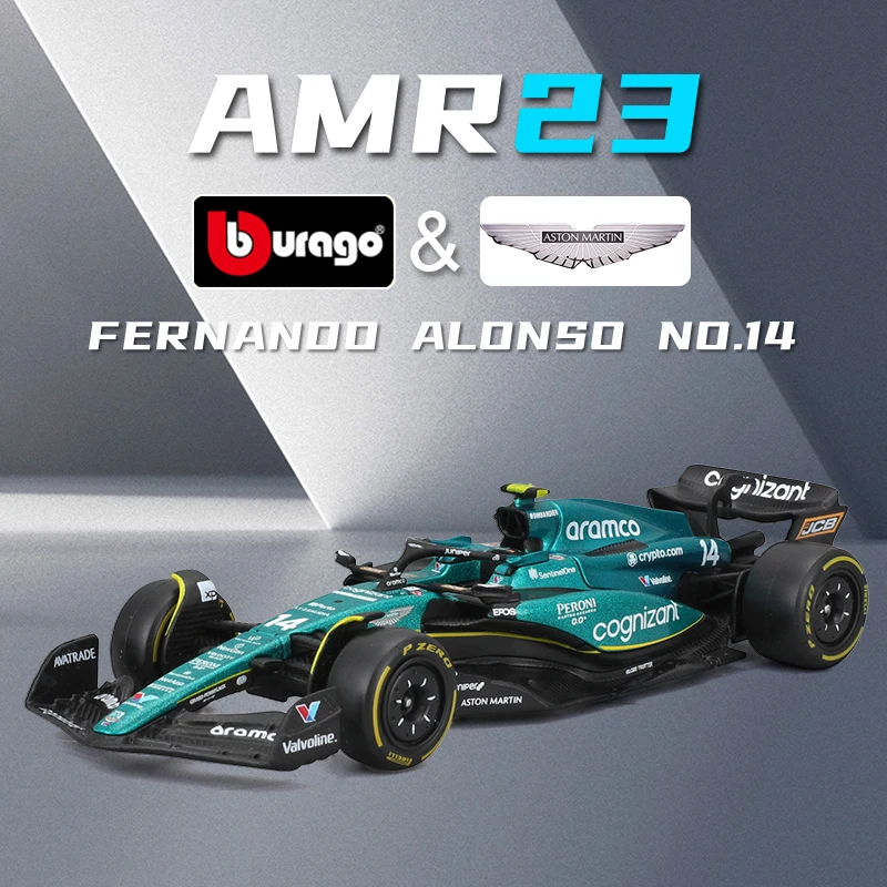 Bburago-Fórmula Liga Diecast Model Car, Coleção Presentes, F1 Aston Martin Aramco Team, Alonso Alonso, Fórmula 23, #14, Fórmula 18, #18