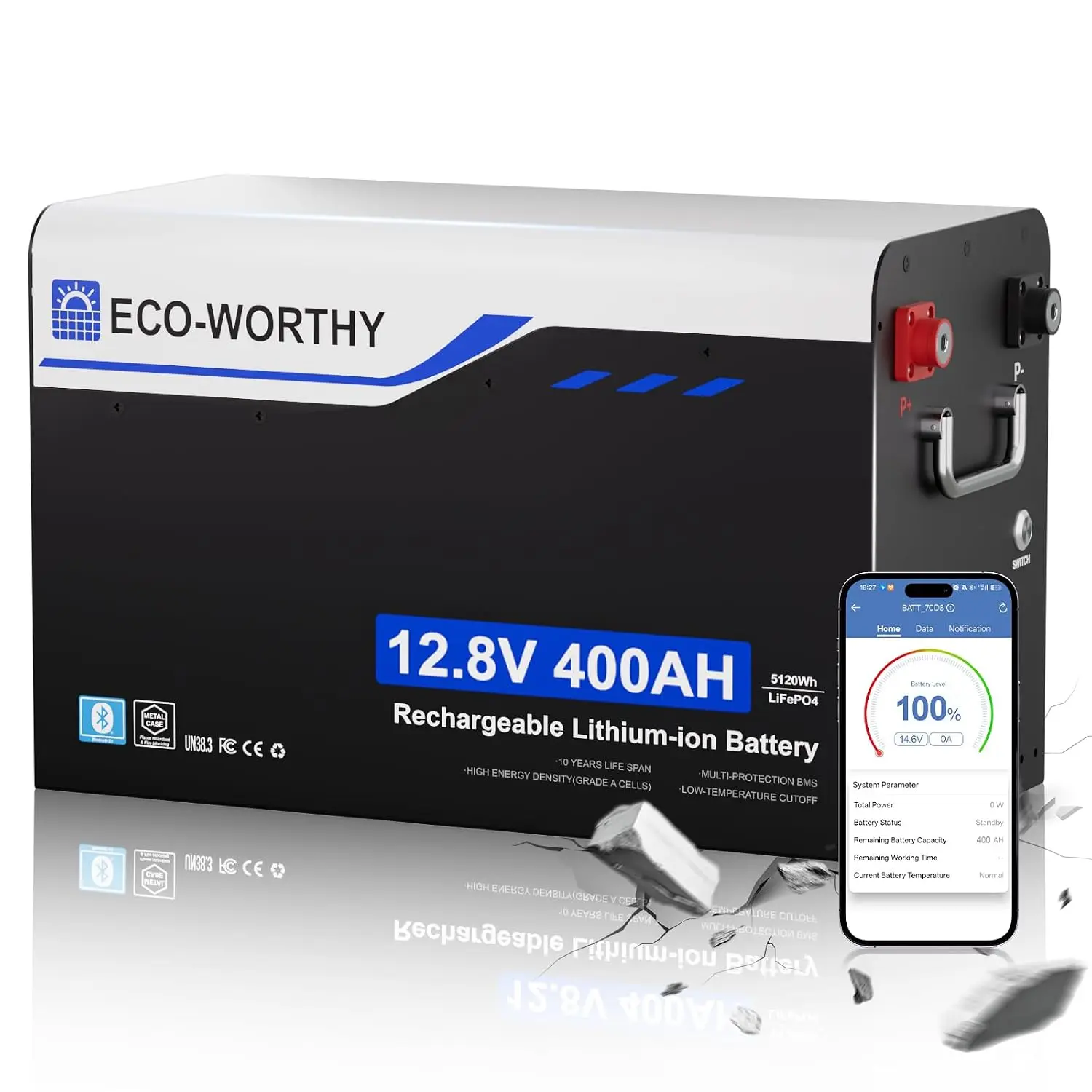 12V 400AH Metal Case LiFePO4 Lithium Battery with Bluetooth, Built in 250A BMS, Low-Temp Protection, 5120Wh Max for RV,, Custom