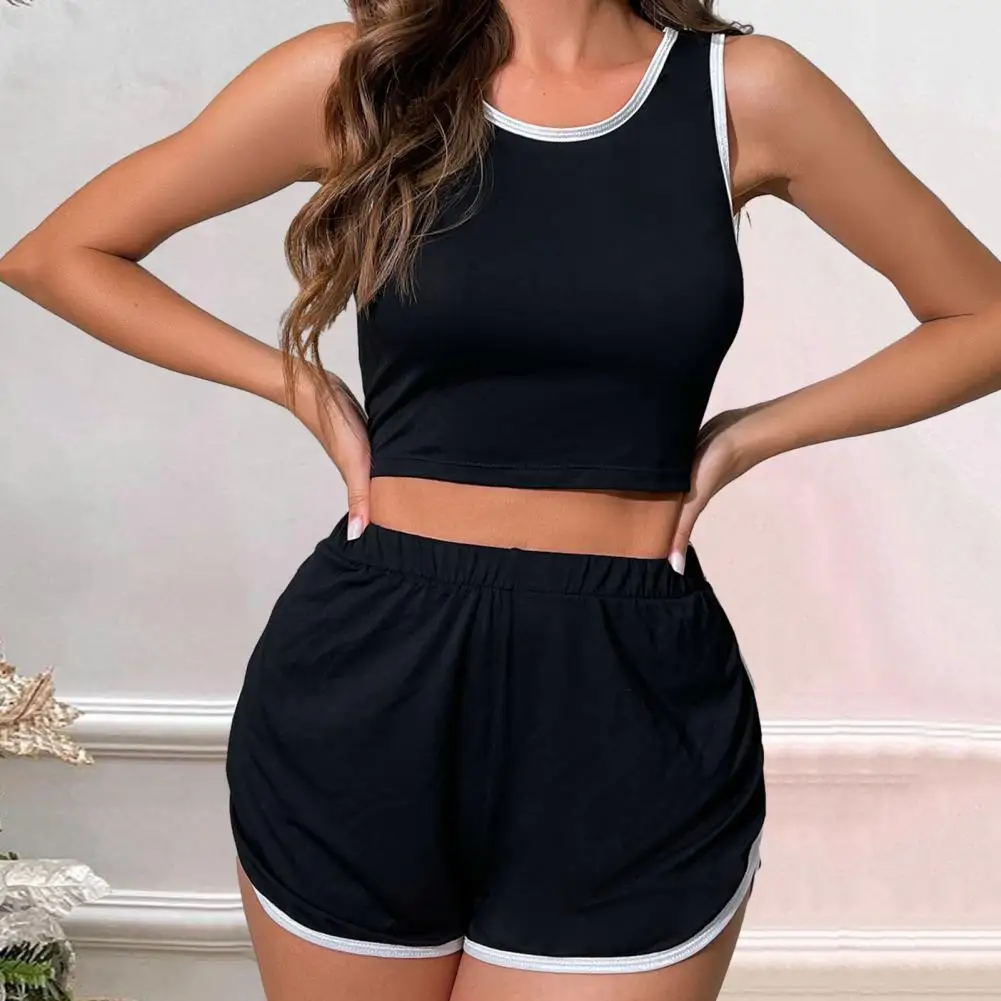 2Pcs/Set Minimalistic Women's Suit Fashionable Matching Color Polyester Casual Breathable Elastic Vest Shorts Set Women