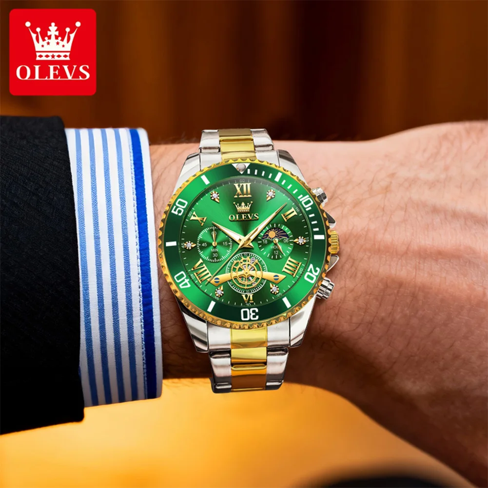 OLEVS 3732 Quartz Men's Watch Multi-Function Date Stainless Steel Waterproof Luminous Luxury Men's Wristwatch