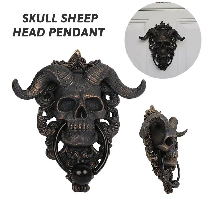 PDTO Punk Skull Satan Sheep Skeleton Head Door Knocker Resin Sculpture Ornament