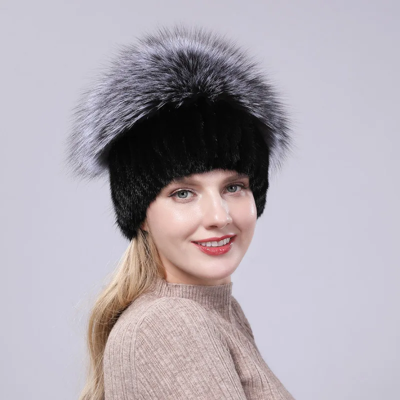 Luxury Womens Winter Knitted 100% Real Sable Fur hat Fur Beanie Russian Mink Fur Cap With Fox Fur Pom Poms Female Warm Thick