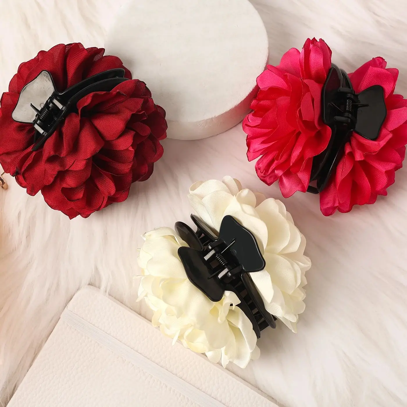 New French Camellia Flower Solid Color Satin Hair Claw Clip for Girls Elegant and Romantic Hairpin Clip Hair Accessories