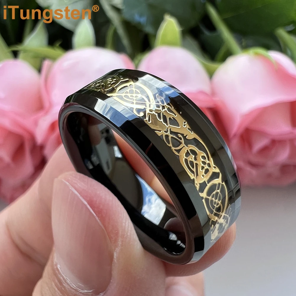 iTungsten 6/8mm Tungsten Dragon Ring for Men Women Engagement Wedding Band Fashion Jewelry Carbon Fiber Inlay Beveled