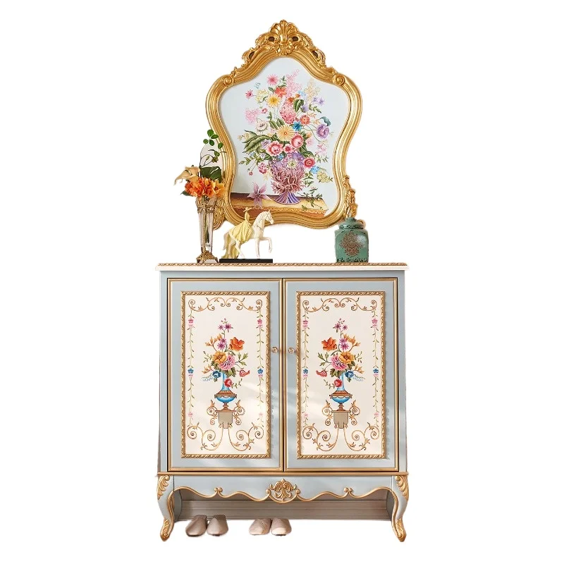 Villa solid wood hand-painted decorative cabinet European-style entrance corridor entrance shoe cabinet storage locker