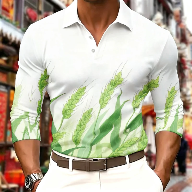 Men's Long Sleeve Polo Shirt Casual Leaf Print Button Placket 2026 Autumn Golf Shirts Business Sports Top for Men Daily Wear