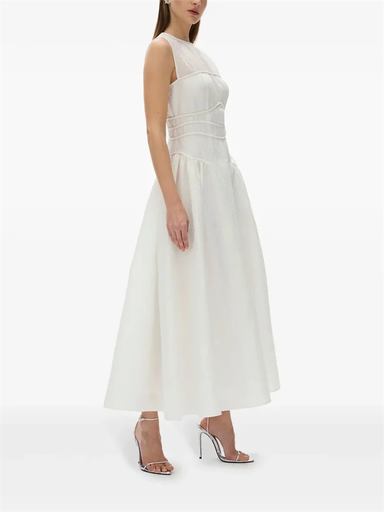 Robe trapèze blanche Simple personnalisée, robe de soirée formelle sans manches, encolure ronde, Corset en os de caoutchouc, moulante à la taille