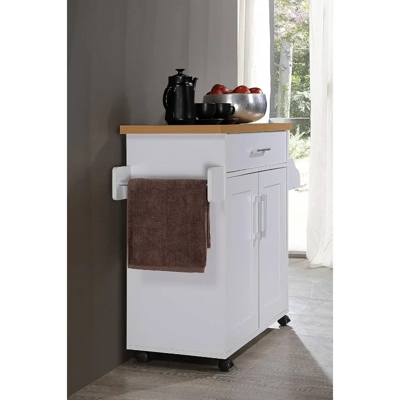 Kitchen Island with Spice Rack, Towel Rack & Drawer, White with Beech Top, 15.5 x 35.5-44.9 x 35.2 inches