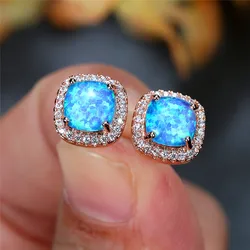 Cute Female Blue Green Fire Opal Stone Stud Earrings Vintage Rose Gold Color Wedding Jewelry For Women