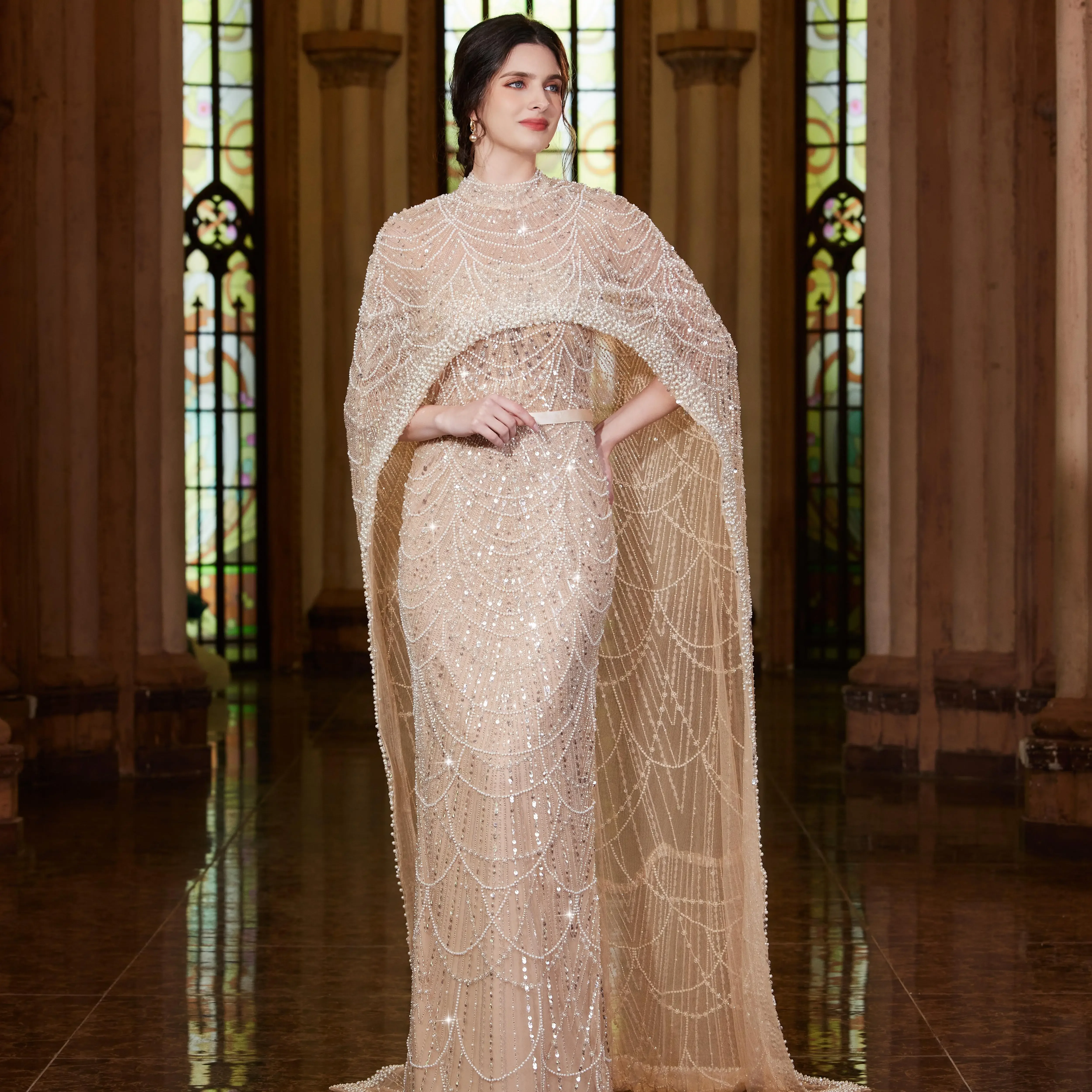 فساتين سهرة Dubai Arabic Champagne Evening Dresses Gowns 2024 Long Cape Wedding Prom Dress for Woman Luxury vestidos de fiesta