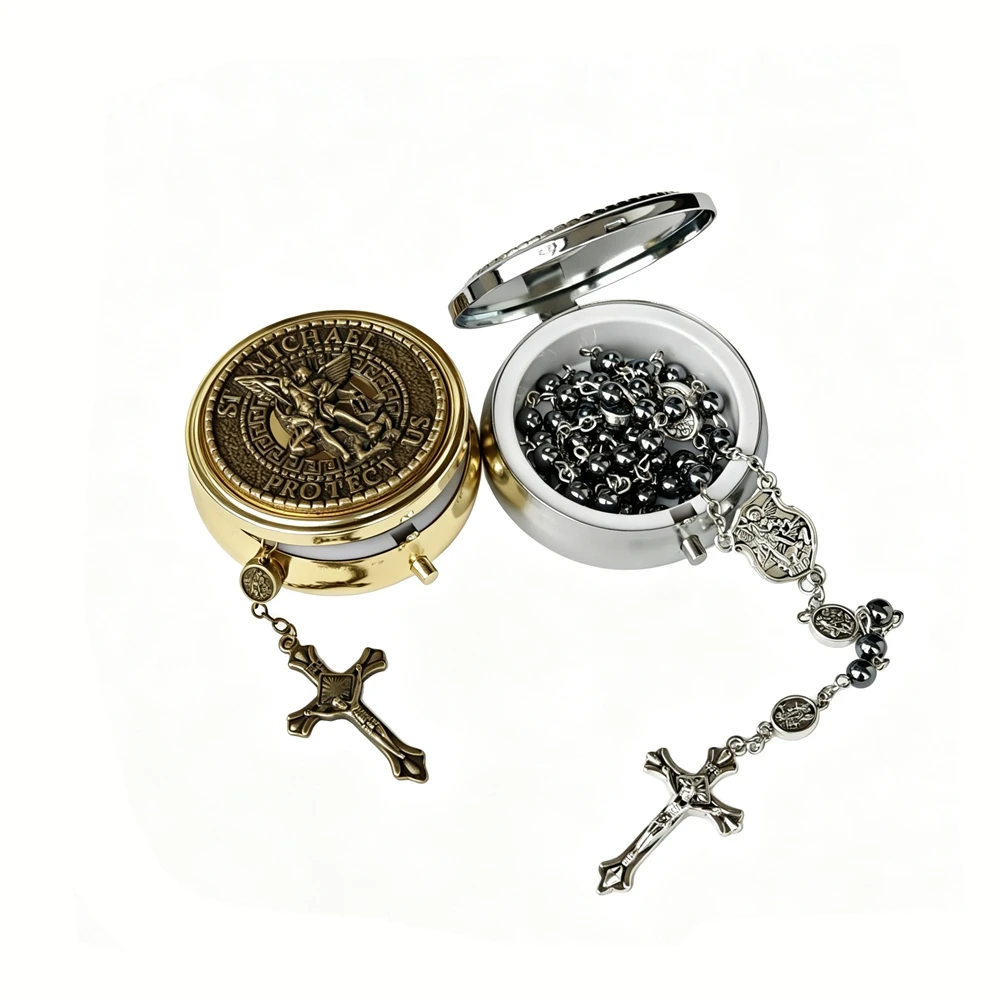 Catholic Rosary Set St Michael Archangel Hematite Beads Crucifix Cross Pendant with Engraved Prayer Box Religious Baptism Gift