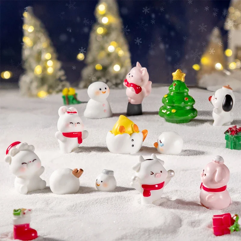 1pc Cartoon Christmas Animal Snowman Micro Landscape Ornament Miniature Figurines DIY Home Decoration Accessories New Year Gifts