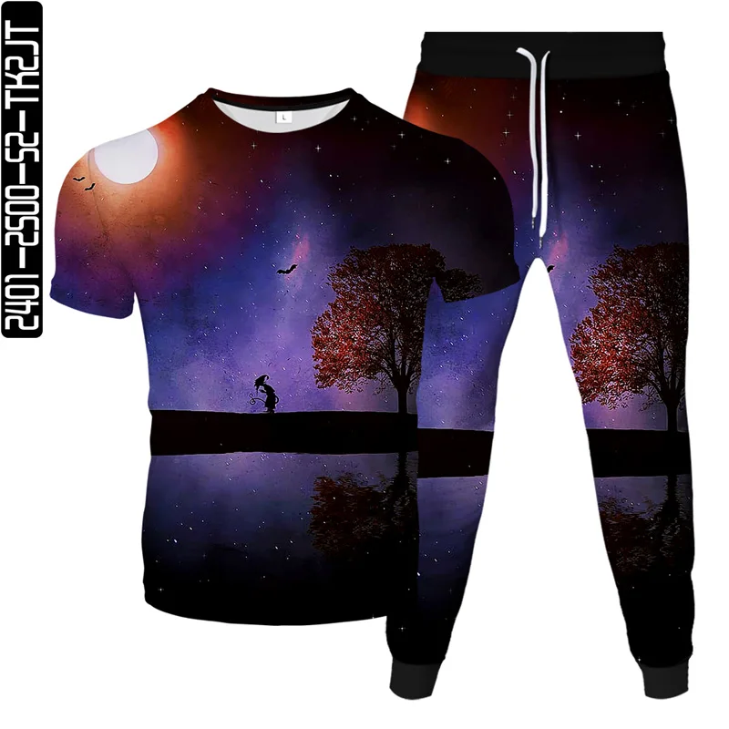 Prachtig Landschap Berg Maan Boom Planeet Bloemenprint Mannen Casual Kleding T-Shirt Jogging Broek 2 Stuks Set Trainingspak Maat S-6XL