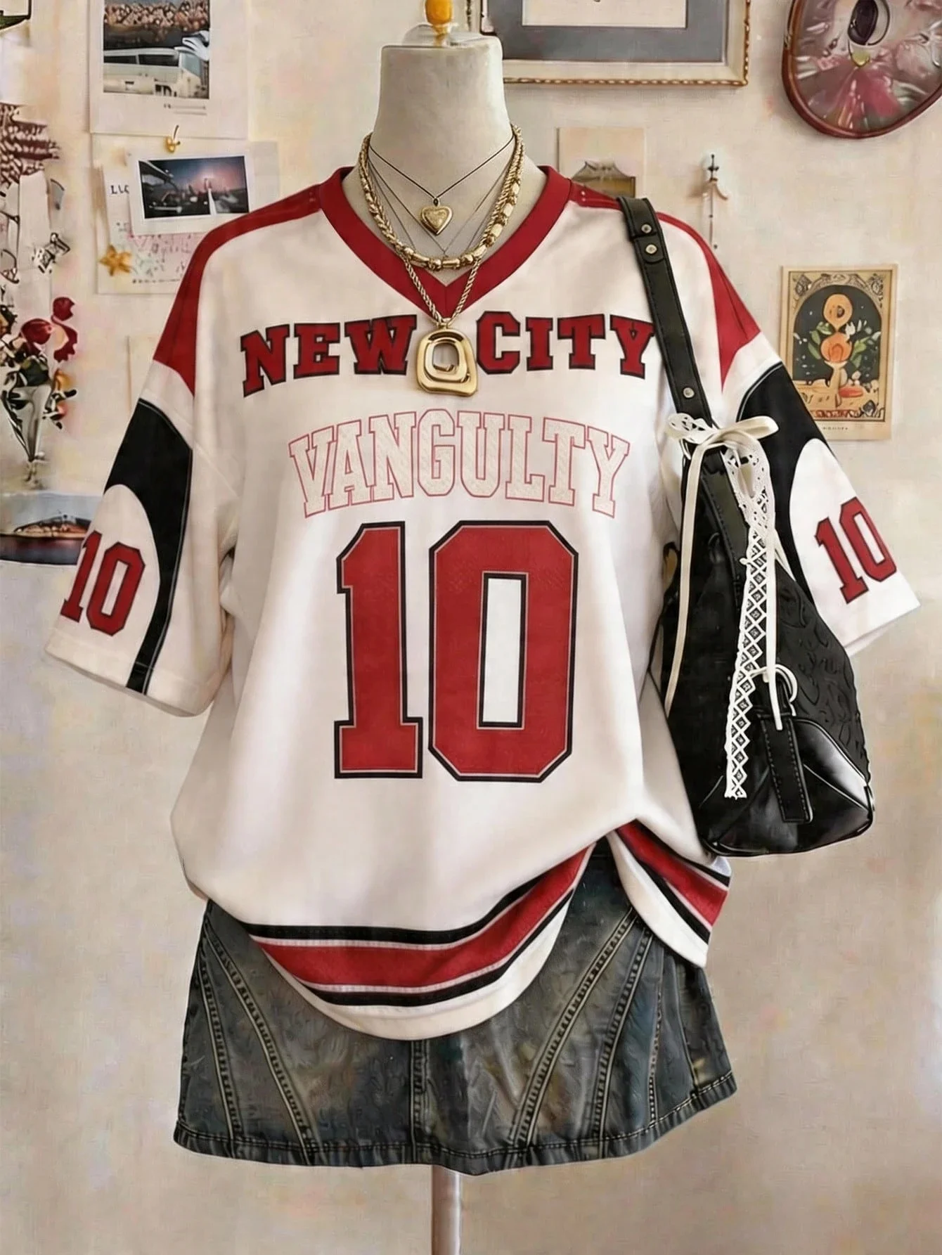 2026 Women Y2K Football Jersey V‑Neck T‑Shirt, NEWCITY No.10 Letter Number Print Color Block Short Sleeve Streetwear Top