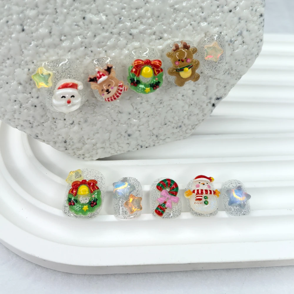 10 قطع الكرتون ستار جارلاند موس بريق اليدوية اضغط على الأظافر لطيف الشتاء ثلج عيد الميلاد الأظافر وهمية للإزالة قابلة لإعادة الاستخدام