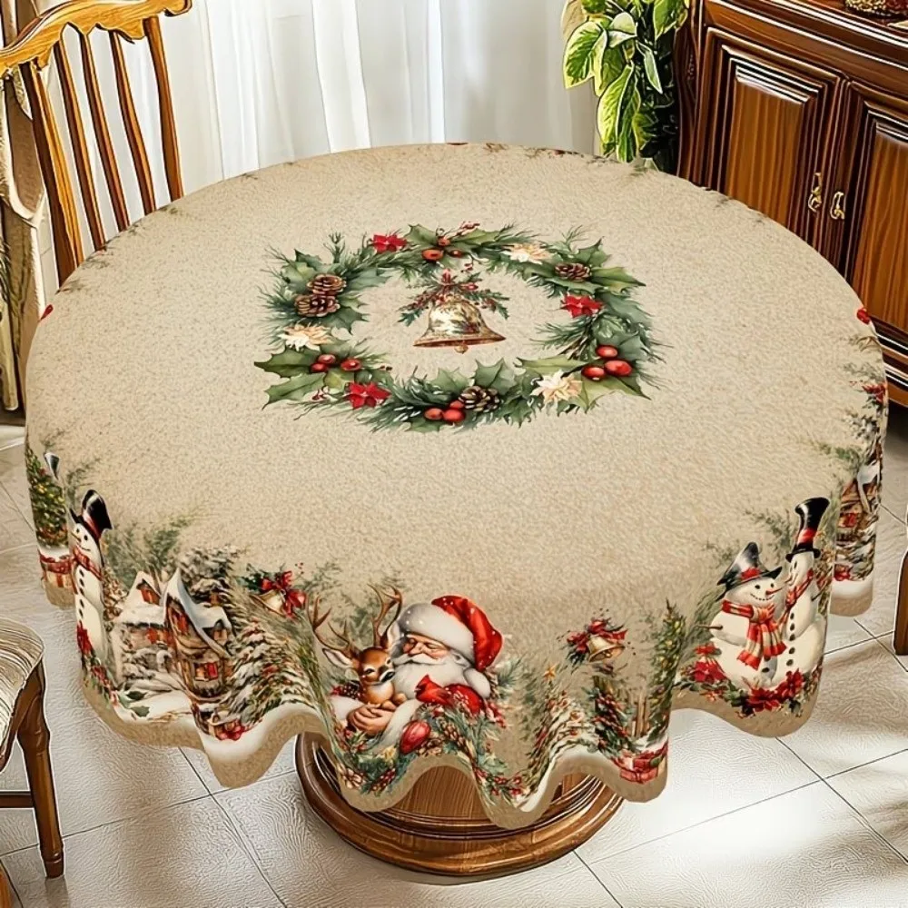 Polyester Christmas Tablecloth Round/Rectangle Santa Claus Print Christmas Table Cover Holiday Table Decor New Year Celebration