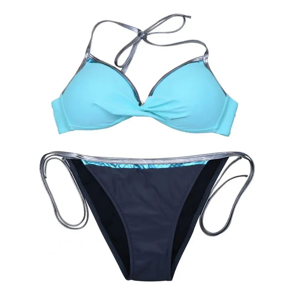 Halter Swimwear Women's Lace-up Halter Bikini Set with Contrast Color Low-rise Briefs Sexy V-neck Swimsuit Bathing for Summer