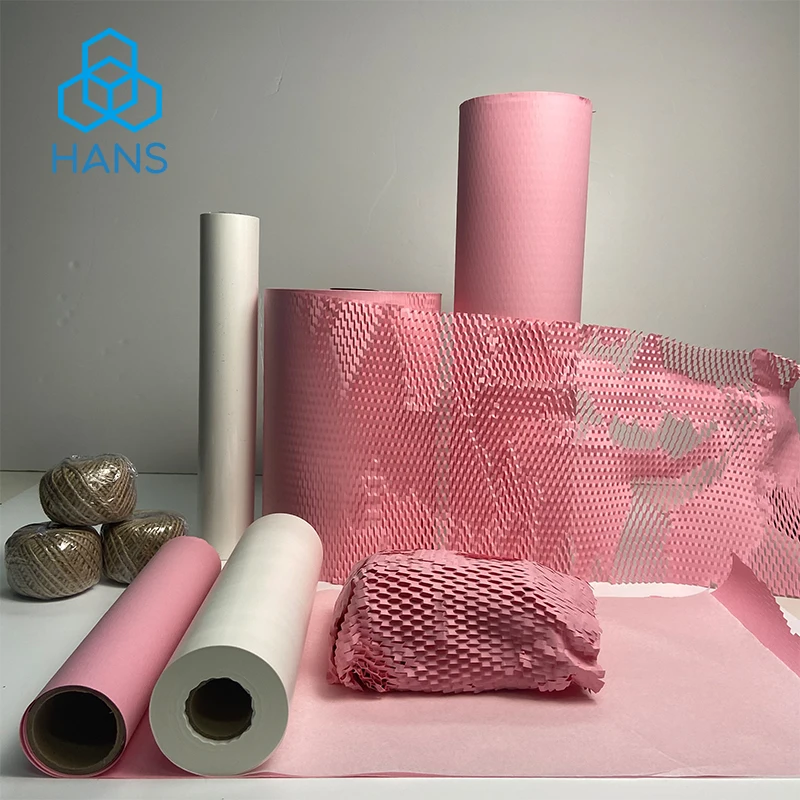 Papel de embalaje rosa, rollo de amortiguación de panal perforado, rollo de envoltura de cojín reciclado ecológico, envoltura verde móvil