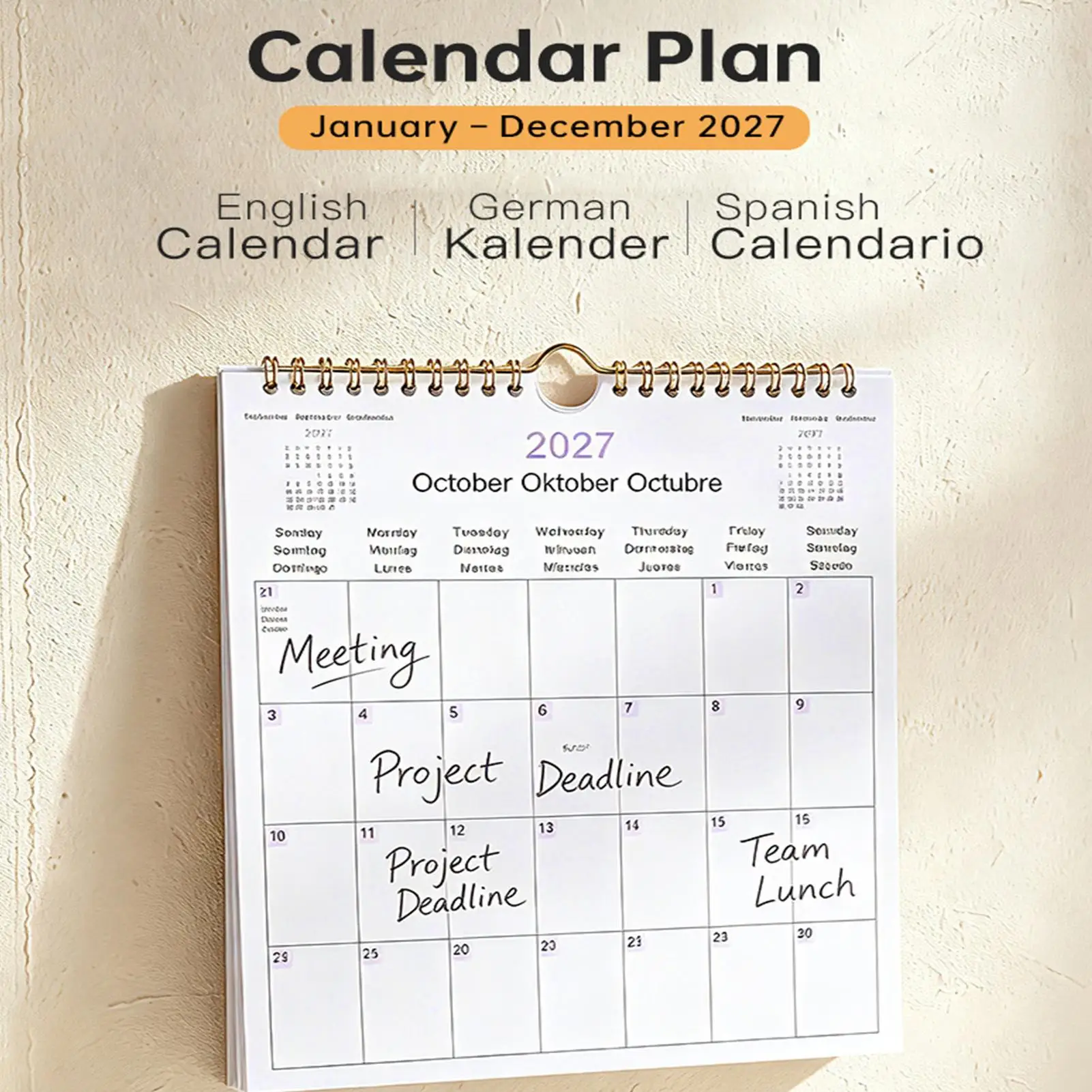 Wall Calendar Multilingual Monthly Spiral Bound Appointment Schedule Organizer January 2027-December 2027 wall  Calendar