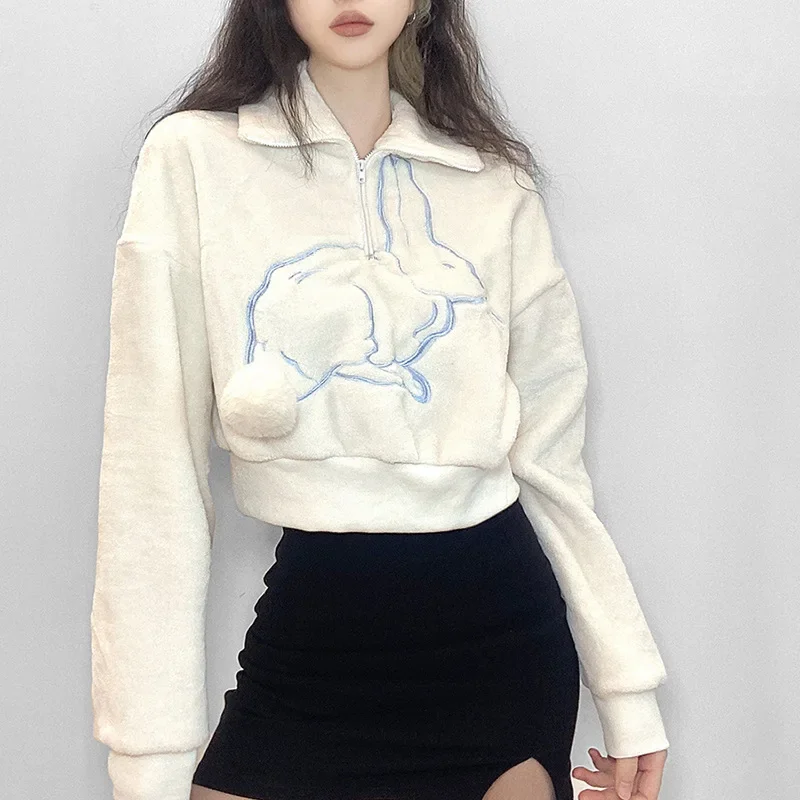 

Women's Loose Rabbit Embroidery Pullovers 2021 New Woman Apricot Hoodie Fall and Winter New Half Zipper Long Sleeve Sweatshirt