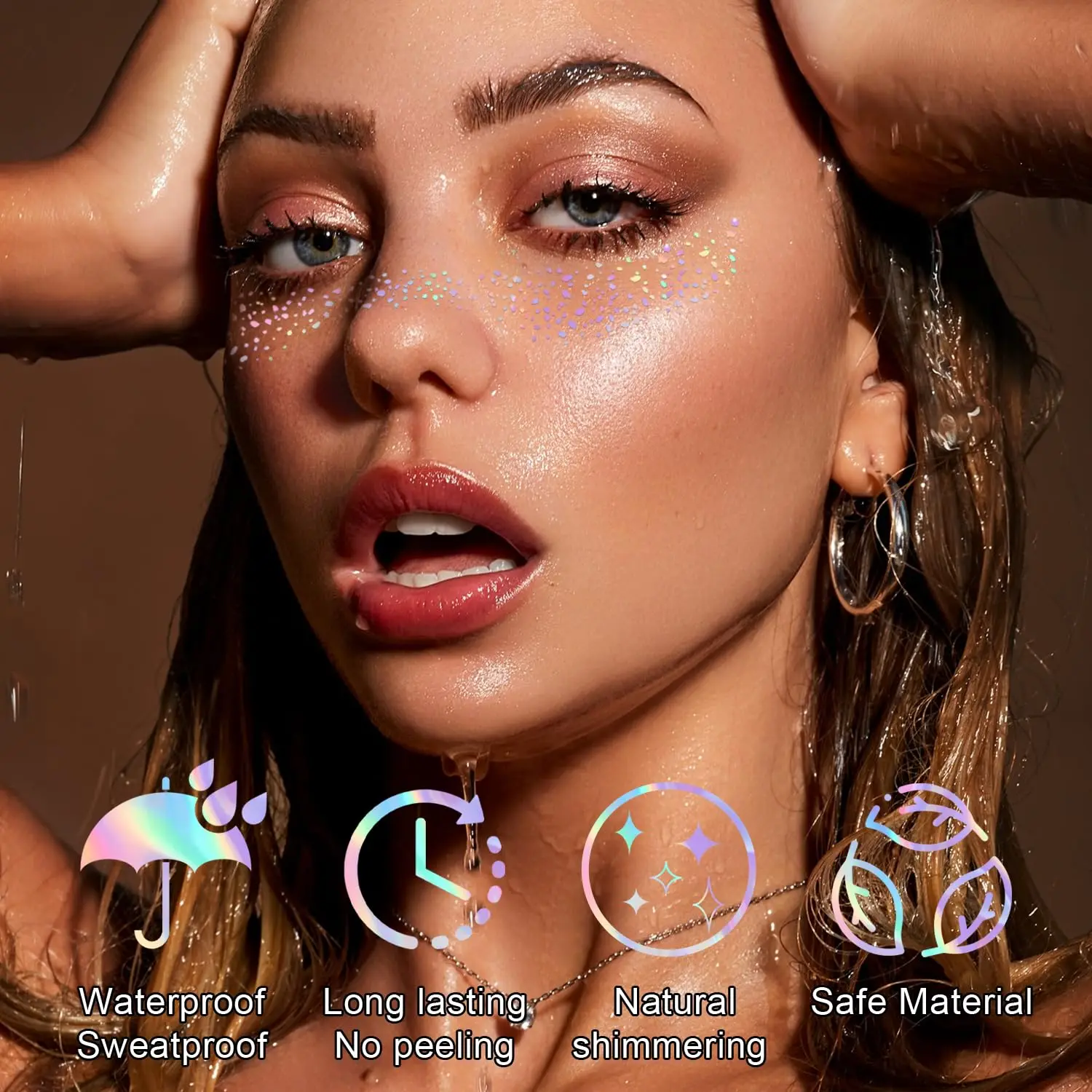 6 Sheets Holographic Glitter Freckle Tattoos – Waterproof Temporary Stickers for Face & Body