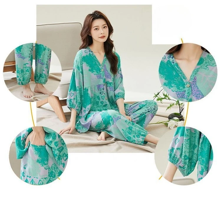 V-neck Printed Cotton Silk Pajamas Women's Spring and Autumn Loose Large Size Loungewear Going Out Suit Moisture Wicking Summer