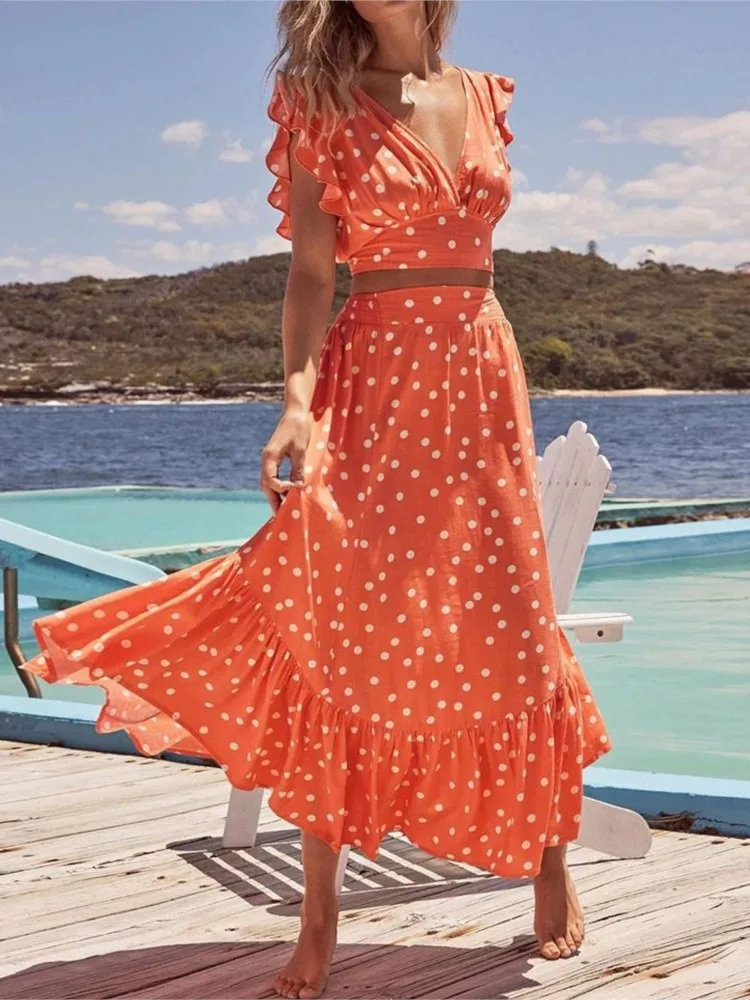 

Polka Dot Print Skirts Two Piece Set Women Ruffled Sleeves V-neck Cropped Top High Waist Skirt 2 Piece Sets Vacation Style Suits