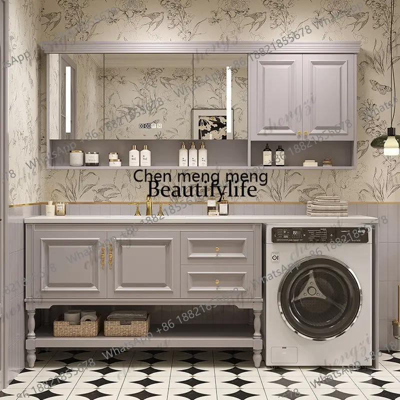 03 Oak Wood Washer Cabinet Set  American Retro Style Bathroom Vanity with Granite Hot-Bent Sink and Wash Basin