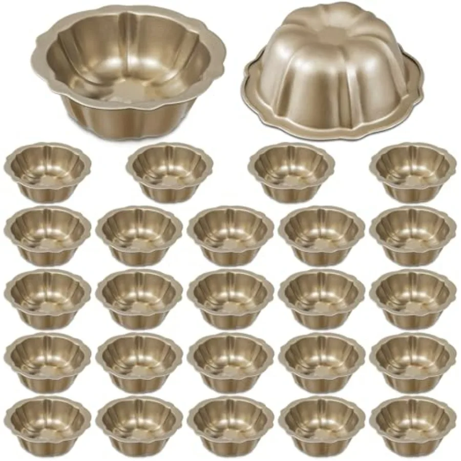 

24 Pcs 4 Inches Fluted Mini Cake Pan Nonstick Carbon Steel Flower Shape Cupcake Baking Mold Gold