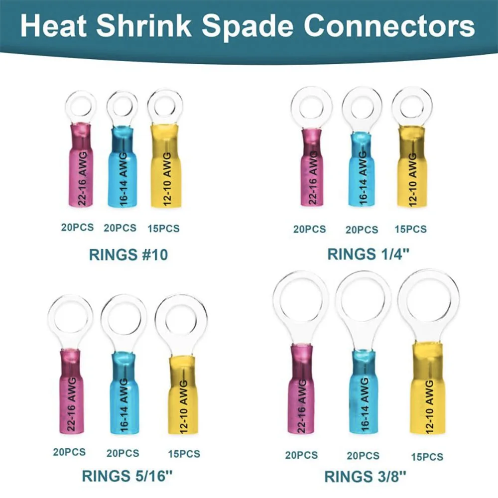 220 PCS Heat Shrink Wire Connectors, 22-10 AWG Ring Terminals Waterproof, 22-10 AWG Wire Terminals #10 1/4