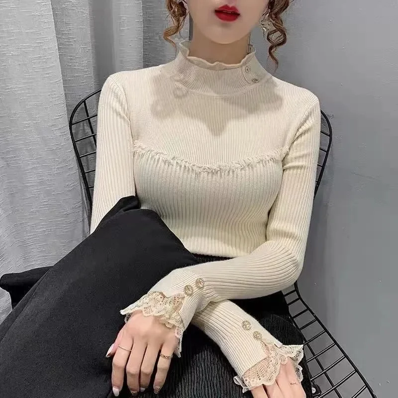 2024 New Women Sweater Autumn Winter Turtleneck Warm Knitwear Korean Casual Lace Bottoming Shirt Fashion Knit Pullovers Jumper