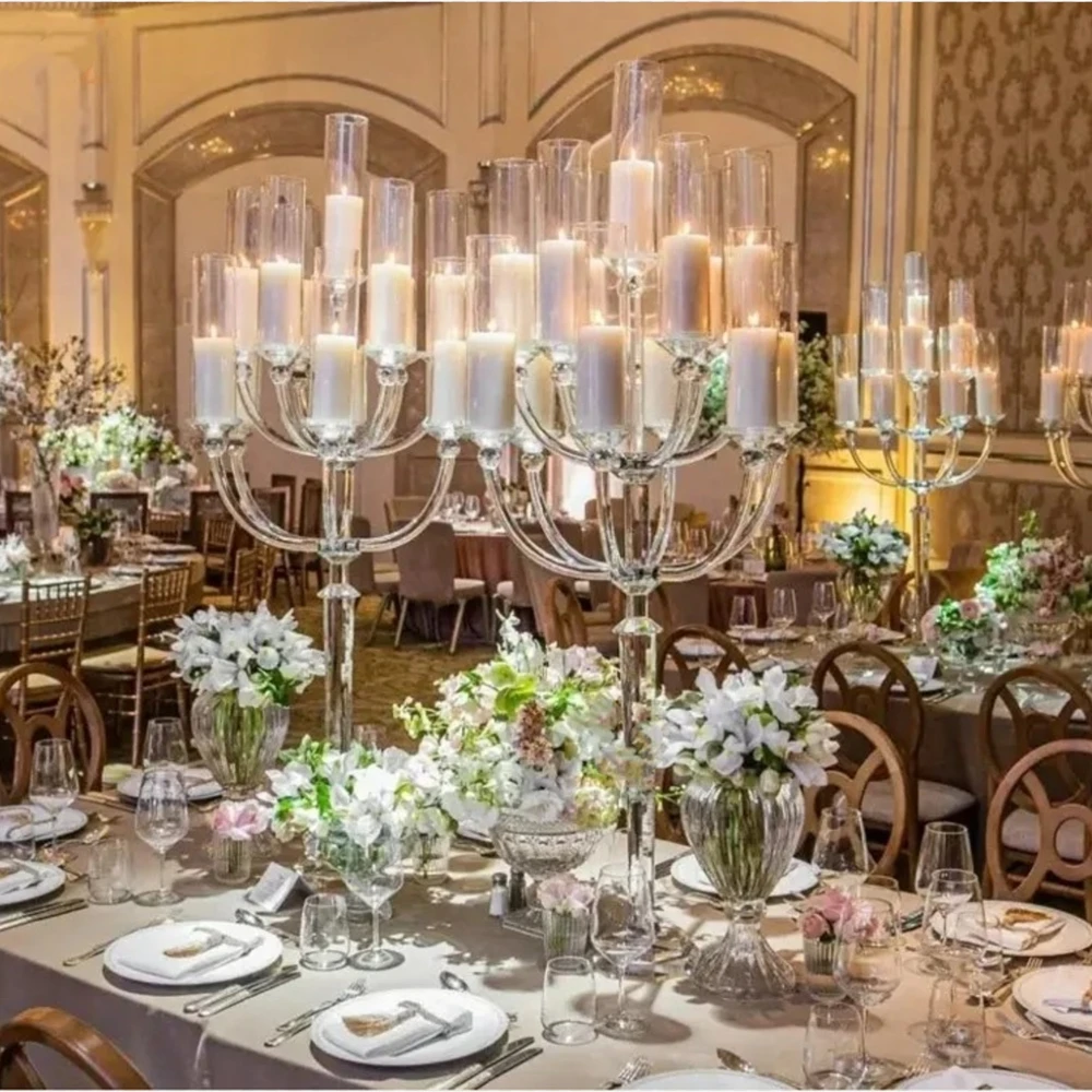 

5pcs)Customized Wedding Event Prop Route Guide clear glass Geometric Backdrop Crystal glass Flower Columns floral Stands