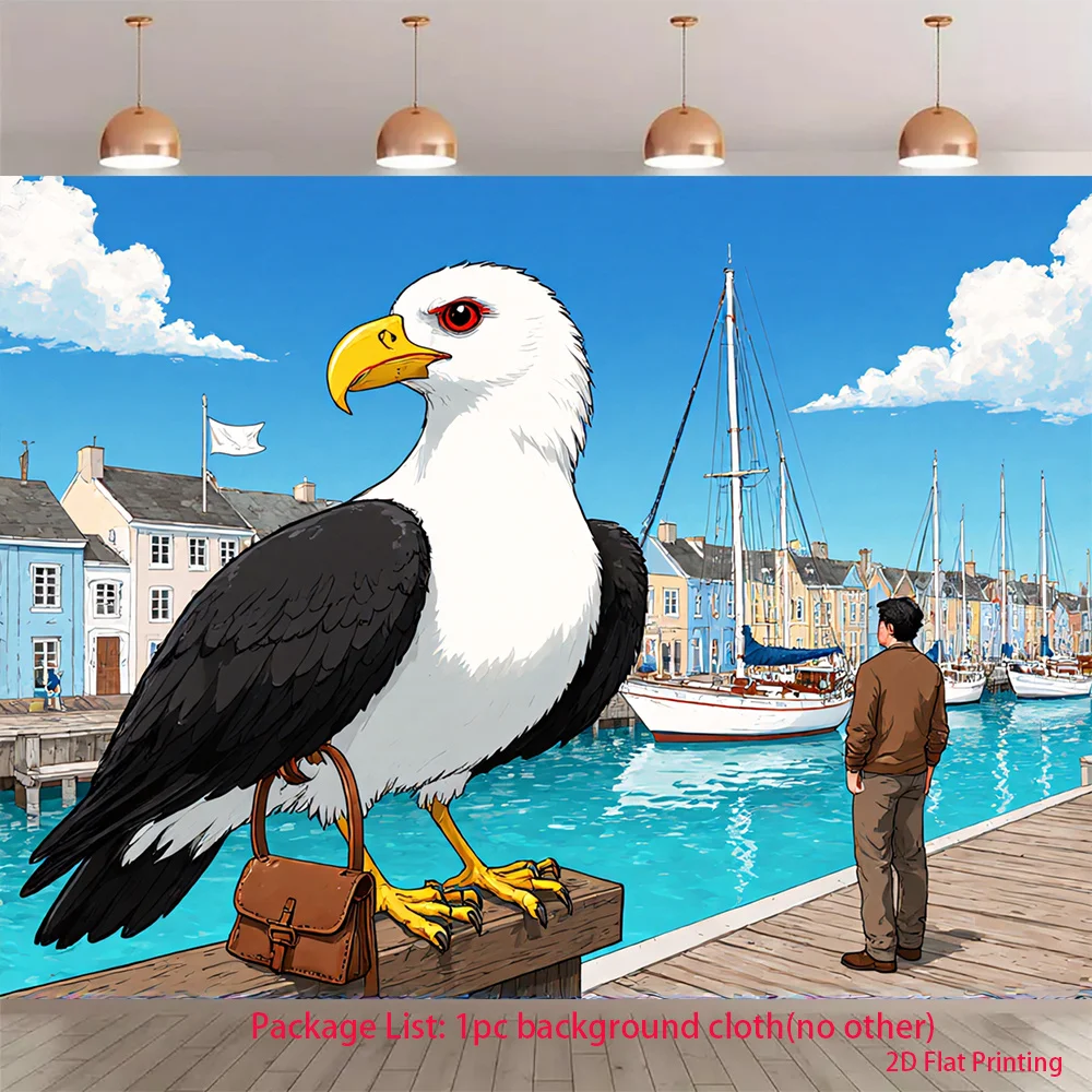 Giant Eagle Seaport Tapestry, Anime Style Harbor Wall Hanging, Cool Bird Art Decor for Living Room Bedroom Dorm
