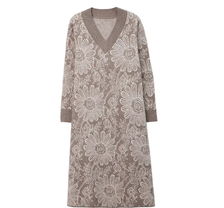 여성용 빈티지 프린트 브이넥 긴팔 니트 캐주얼 드레스 중간 길이 가을 겨울 드레스