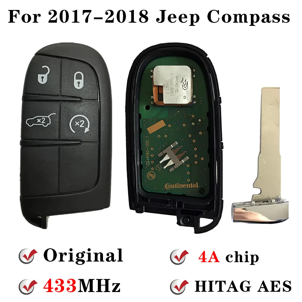 For 2017 2018 Jeep Compass 433mhz 4A Chip Keyless SIP22 Blade M3N-40821302 Original 4 Buttons Smart Remote Control Key