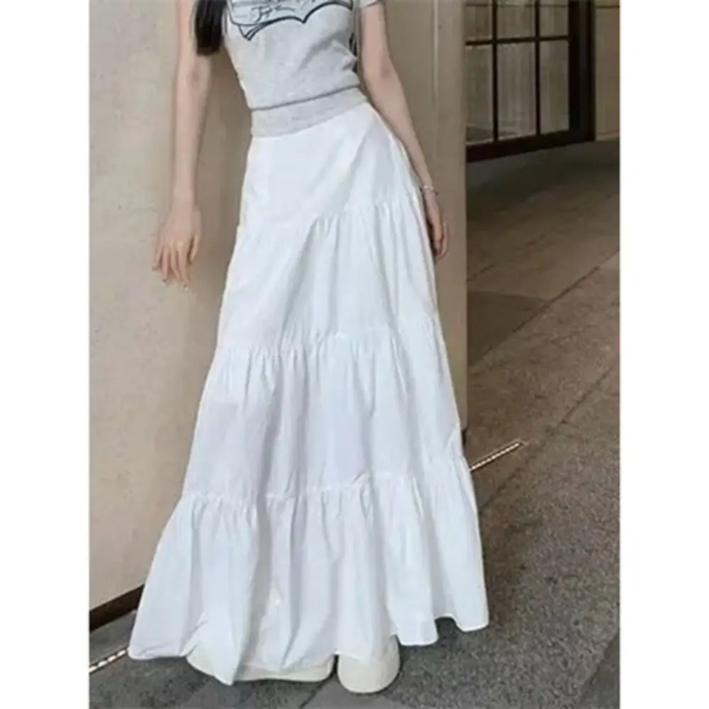 Gelaagde Lange Rokken Klassieke A-Lijn Geplooide Boho Rok Elastische Taille Witte Maxi Rok Lente