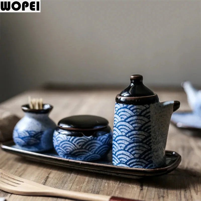 Japanese Ceramic Seasoning Jar Soy Sauce Pot Spice Jar Chili Powder Jar Toothpick Jars Pepper Bottle Tray Kitchen Seasoning Tool