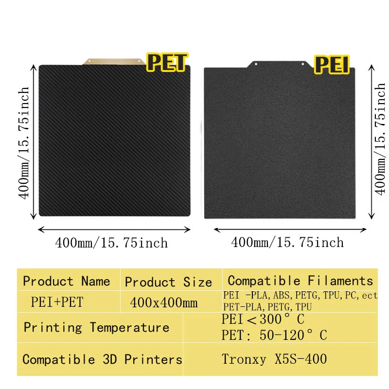 ENERGETIC 400x400mm Textured/Smooth PEI PET Powder Coated Spring Steel Magnetic Build Plate for Tronxy X5S-400 3D Printer