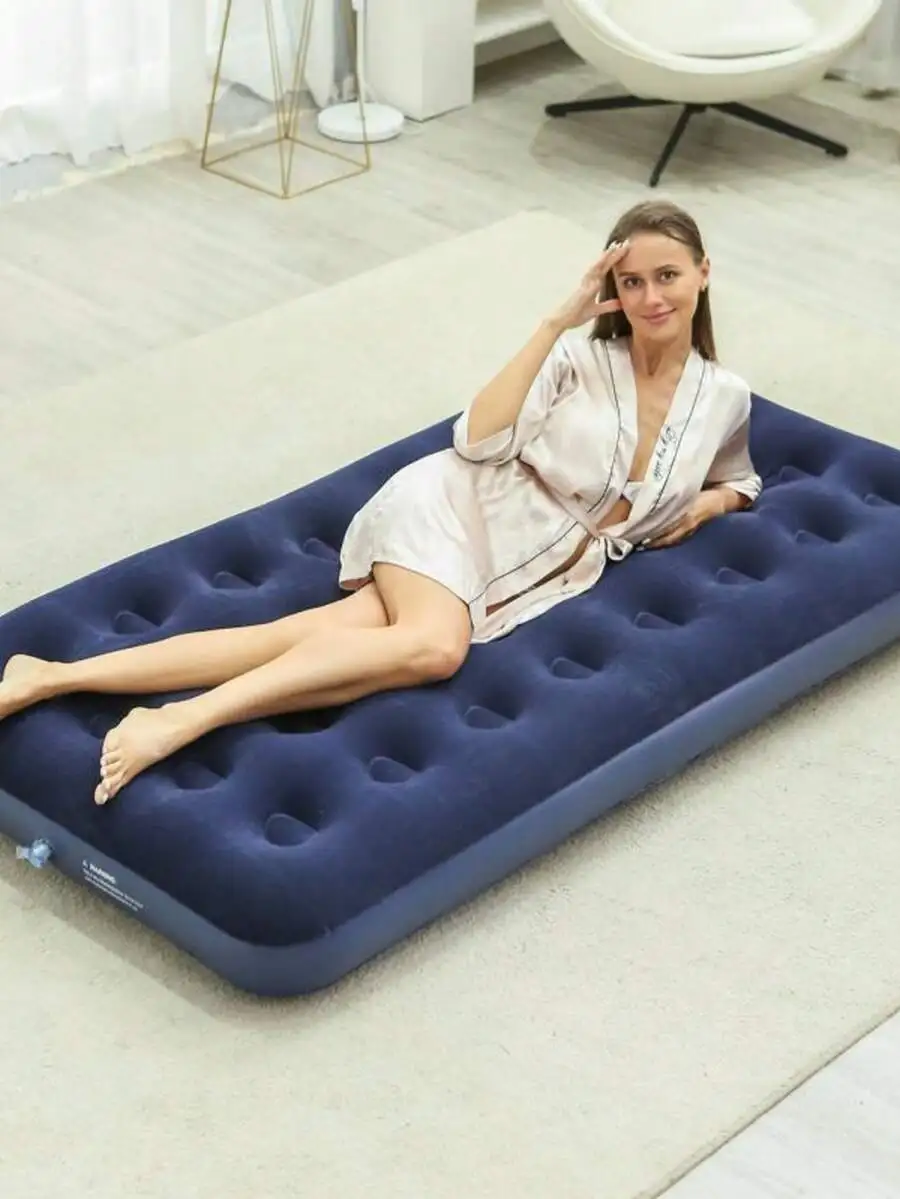 Inflatable Air Bed Flocked Mattress With Massage Dots Portable Guest Bed For Home Camping Travel 1 Person Navy Blue