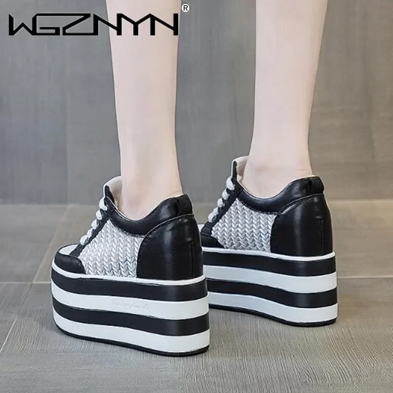 Scarpe basse con zeppa con plateau in vera pelle Air Mesh da 12 cm NUOVE scarpe con tacco alto moda bianca di alta marca da donna primavera estate