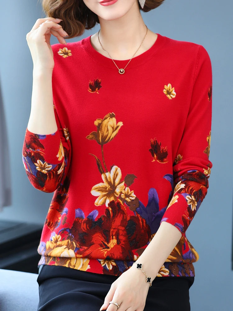 

Свитер с цветочным принтом, осень-весна, Мягкий трикотажный пуловер с круглым вырезом, Женский Повседневный джемпер, женский свитер с длинным рукавом