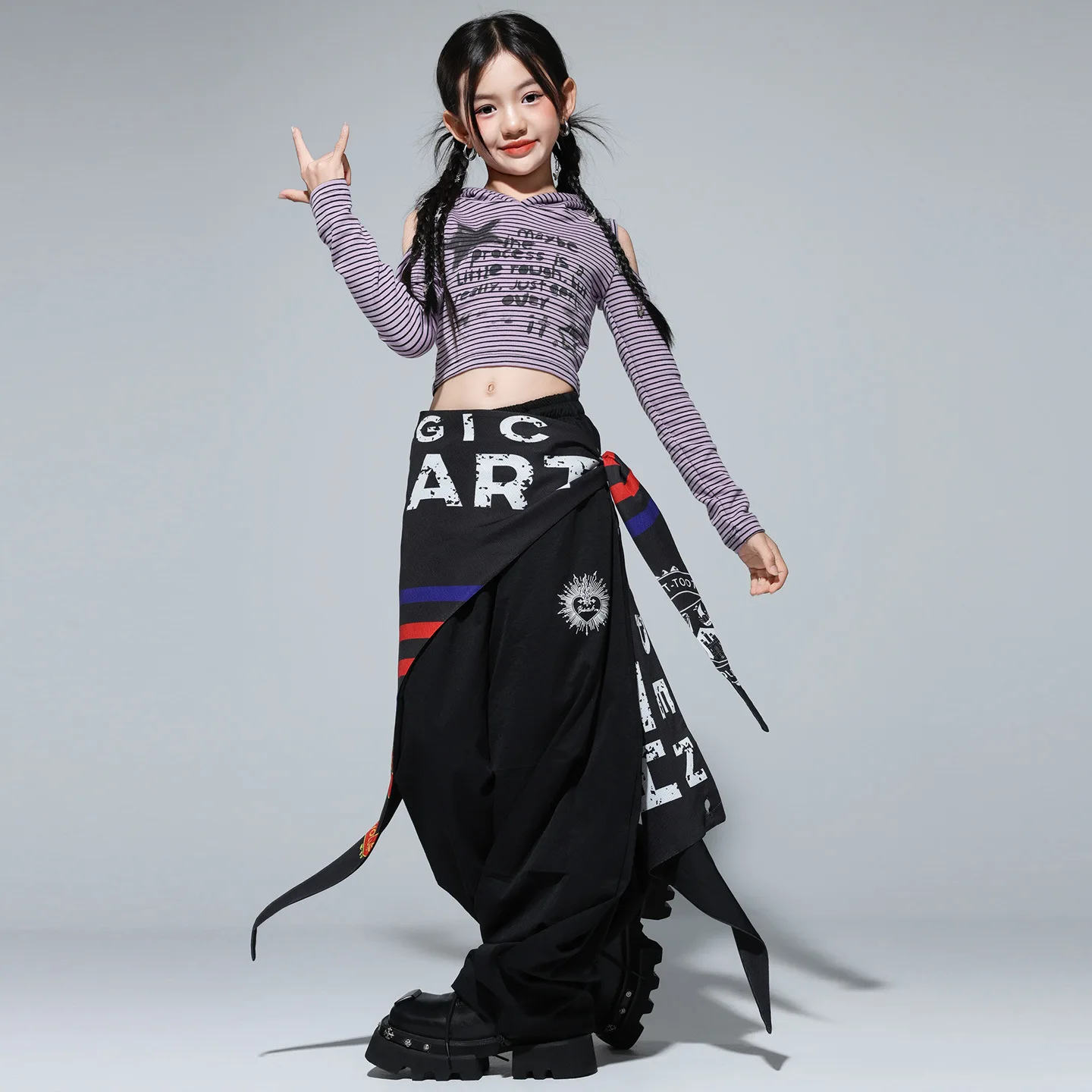 طفل Kpop الهيب هوب الملابس الأرجواني مخطط المحاصيل هوديي تي شيرت أسود عادية المظلة السراويل لفتاة الشارع أزياء رقص الملابس #3